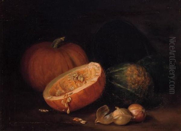 Still Life With Pumpkins And Onions Oil Painting by Ida Pulis Lathrop