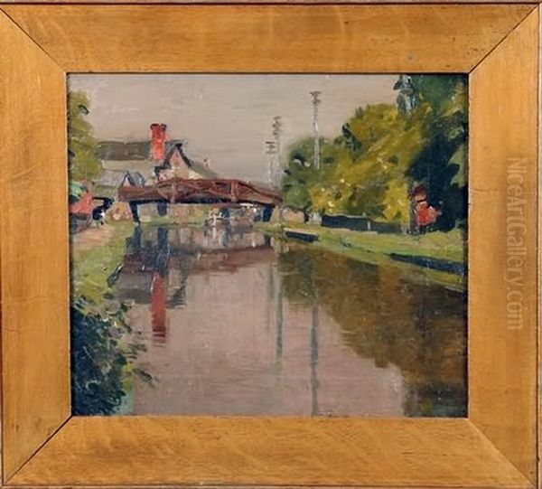 New Hope- Canal, Barge/bridge Oil Painting by William Langson Lathrop