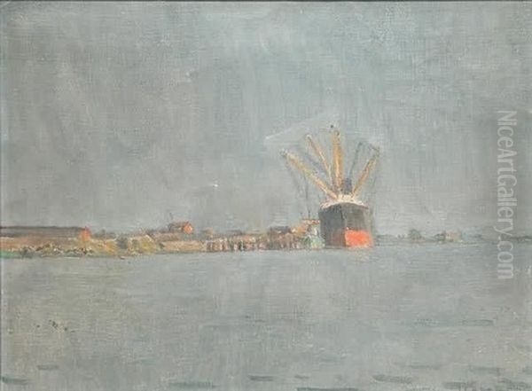 Freighter, Long Island Sound Oil Painting by William Langson Lathrop