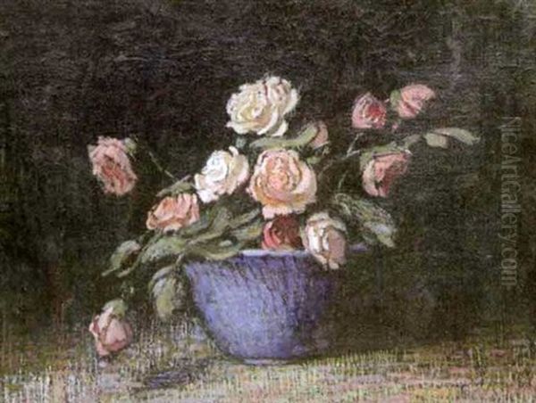 Still Life With Pink Roses In A Blue Bowl Oil Painting by William Langson Lathrop