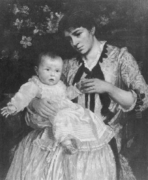 Mother With Child In Christening Dress With Floral Background Oil Painting by William Langson Lathrop