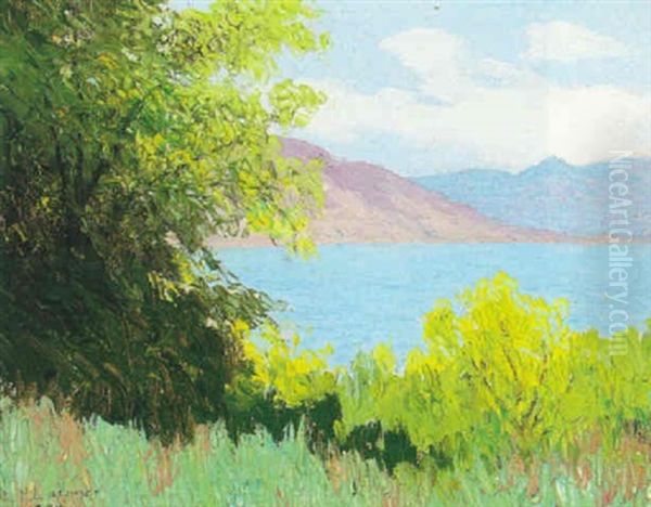 View Of Bay Through Trees Oil Painting by Lorenzo Palmer Latimer