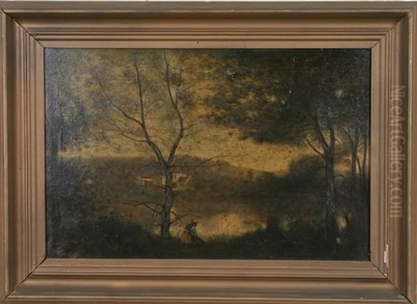 Barren Tree With Kneeling Female Along The River Bank Oil Painting by Gaspard Latoix