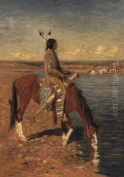 Indian On Horseback In A Desert Landscape Oil Painting by Gaspard Latoix