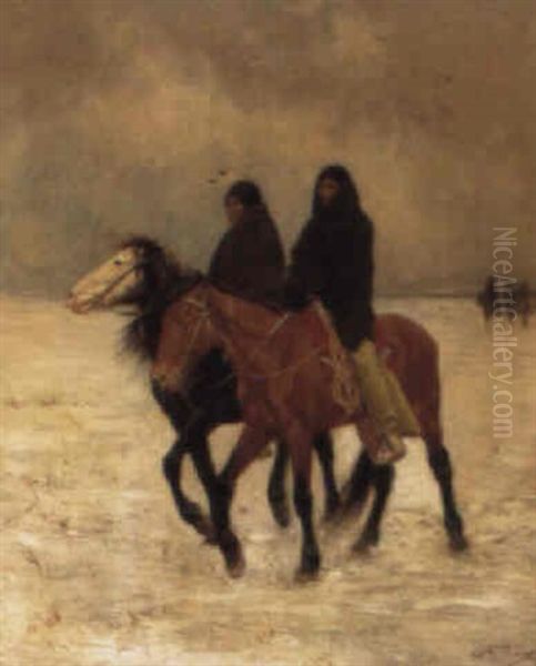 Indians On Horseback In A Winter Landscape Oil Painting by Gaspard Latoix