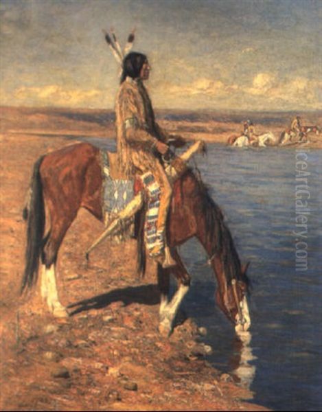 A Mounted Red Indian At A Pool Oil Painting by Gaspard Latoix