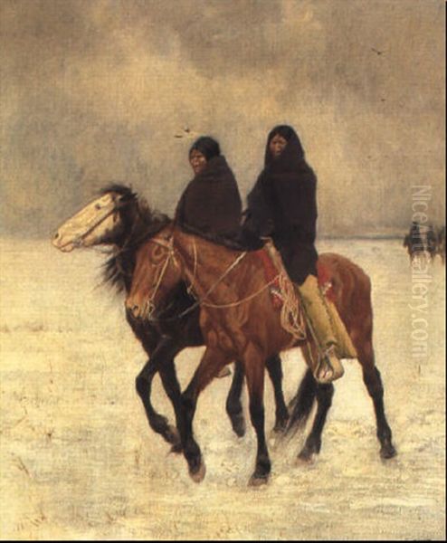 Red Indians Riding In The Snow Oil Painting by Gaspard Latoix