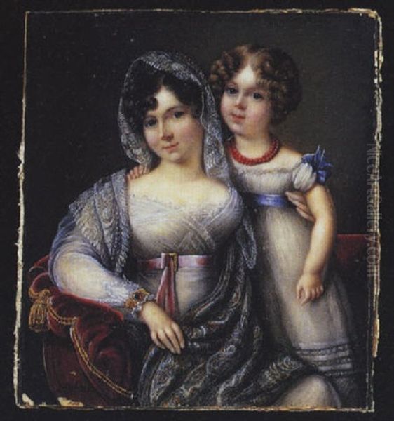 The Countess Of Waldegrave And Her Son, John: She Is Wearing White Dress With Pink Ribbon Waistband, Lace Mantilla, A Bracelet And A Shawl... Oil Painting by Alexandre de Latour