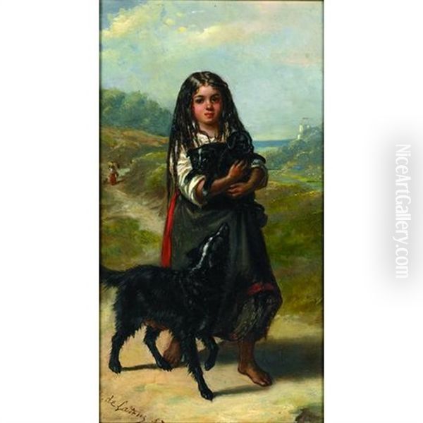 A Young Girl Holding Puppies With A Dog By Her Side On A Country Lane Oil Painting by Edouard De Latour