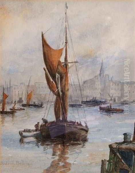 A Fishing Boat In A Harbour Oil Painting by Henry Jobson Bell