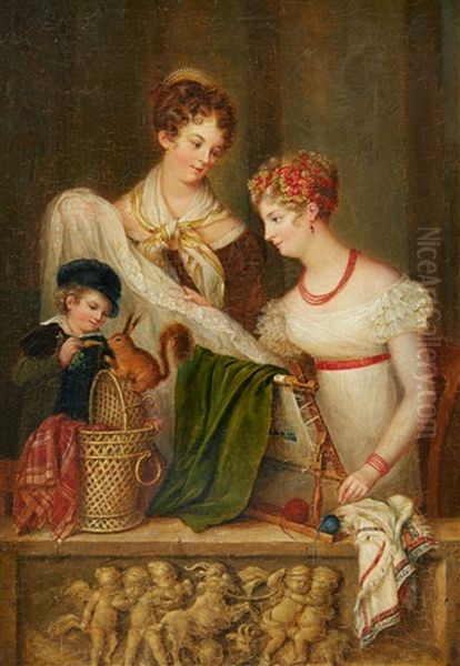 Ladies With Embroidery A Couple Making Music Oil Painting by Marie Latour