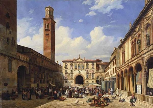 La Piazza Dei Signori A Verone Oil Painting by Eugene Latteux