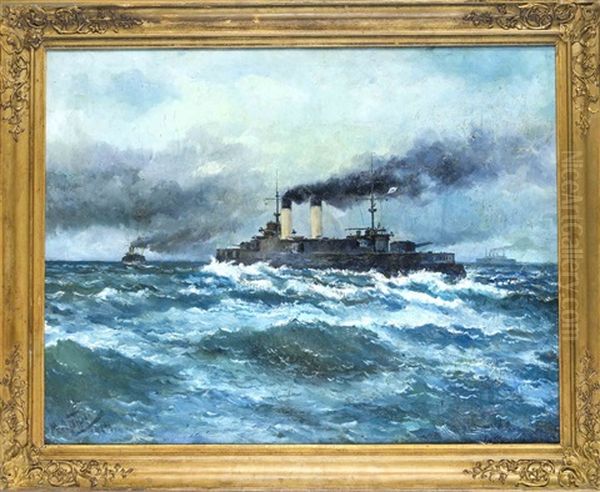 Russischer Panzerkreuzer Zessarevitsch Auf Hoher See Oil Painting by Michel Lattry