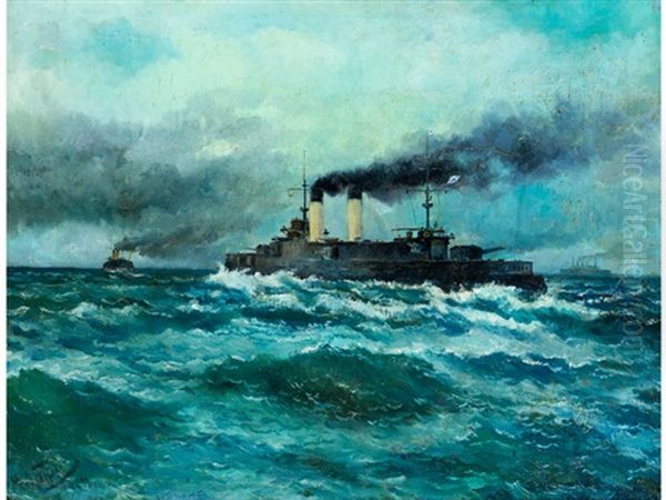 Russisches Kriegsschiff Auf Hoher See Oil Painting by Michel Lattry