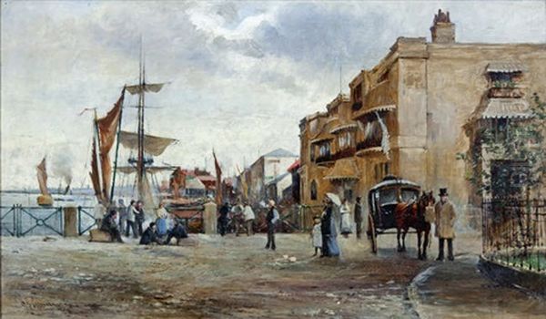 A View Of A Seaside Town With Regency Houses, A Carriage, Figures And Shipping Oil Painting by Charles James Lauder