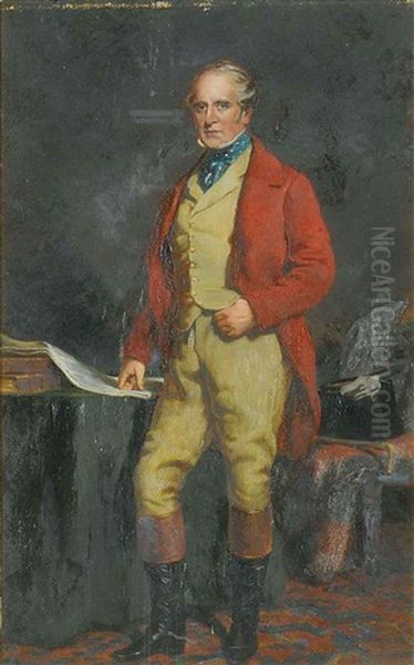 Portrait Of A Sir James Aird, Standing In Hunting Costume, At A Table Oil Painting by Charles James Lauder