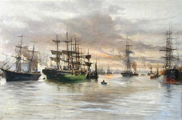 Sailing Ships In Harbor At Sunset Oil Painting by Charles James Lauder