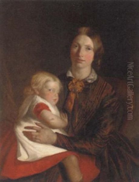 Portrait Of Agnes Brown Paterson And Isabella, In An Interior Oil Painting by James Eckford Lauder