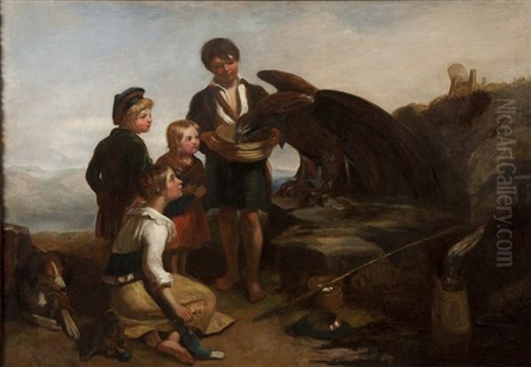 Children On The Edge Of A Mountain With Dog, Feeding A Large Eagle (+ Untitled Sketch, Pencil; 2 Works) Oil Painting by Robert Scott Lauder