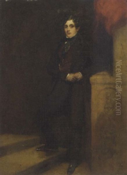 Portrait Of Lord Charles Thynne In A Black Coat And Burgundy Waistcoat, Resting His Arm On A Plinth Oil Painting by Robert Scott Lauder