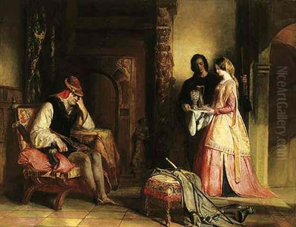 Maitre Pierre, Countess Of Croye And Quentin Durward In The Inn Oil Painting by Robert Scott Lauder