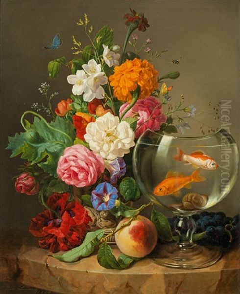 Still Life With Flowers And A Goldfish Bowl Oil Painting by Josef Lauer