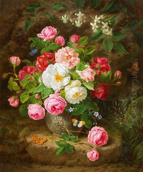 Bouquet Of Roses In A Vase Oil Painting by Josef Lauer