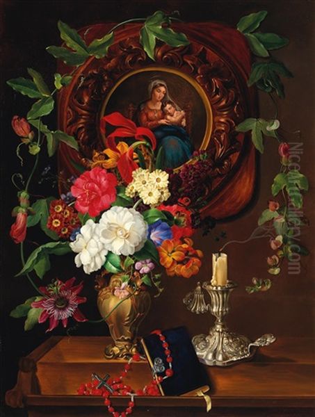 Still Life With Bouquet Of Flowers And Madonna, Garlanded By Passion Flowers by Josef Lauer