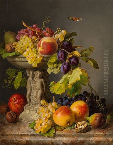 Still Life With Fruits And A Butterfly Oil Painting by Josef Lauer