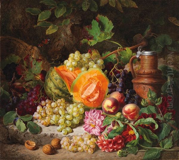 Still Life With Fruit And A Pottery Jug Oil Painting by Josef Lauer