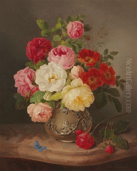 Still Life With Roses In A Vase And A Blue Butterfly Oil Painting by Josef Lauer