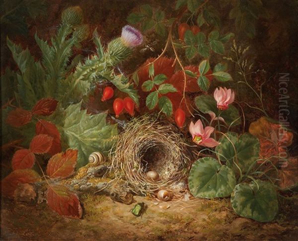 A Still Life With Bird Nestnest, Cyclamen Flowers, Thistles And Rose Hips Oil Painting by Josef Lauer