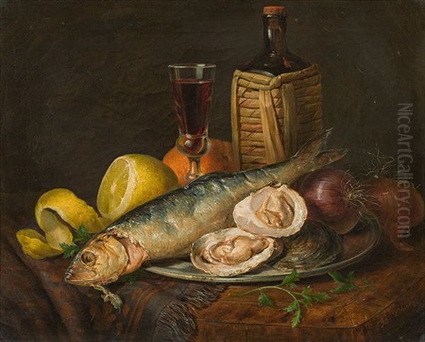 Still Life With Fish And Oysters Oil Painting by Josef Lauer