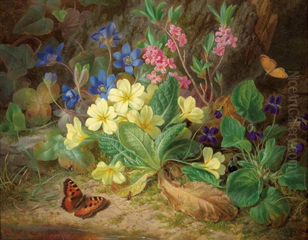 Alpine Flowers With Violets And Butterfly Oil Painting by Josef Lauer