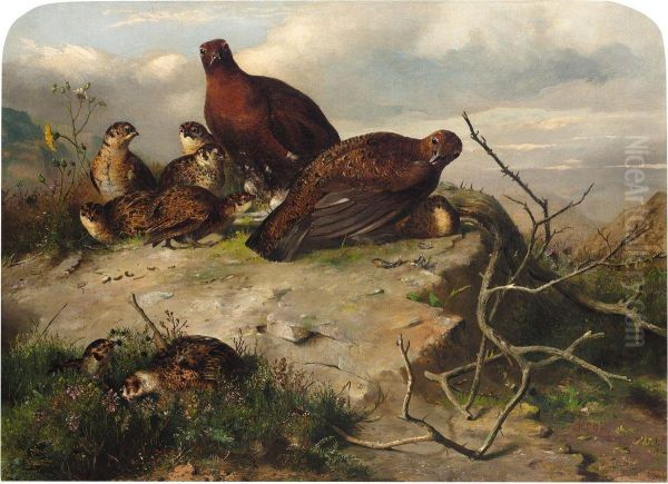 D. 1868

 A Pair Of Red Grouse And Chicks Oil Painting by John Clement Bell