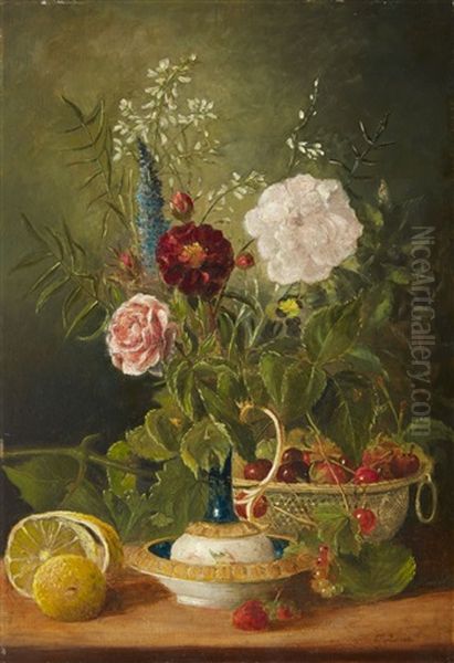 Still Life With Flowers, Cherries And A Lemon Oil Painting by Josef Lauer