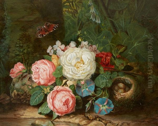 Forest Floor With Flowers, A Birds Nest And A Moth Oil Painting by Josef Lauer