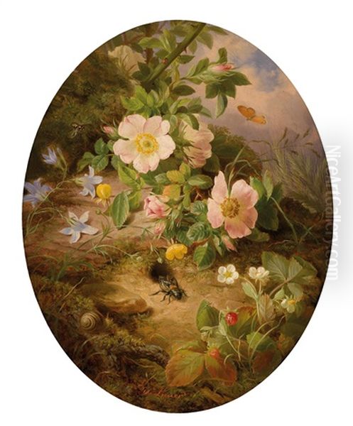 Blumenstuck Mit Rosen Und Erdbeeren Am Waldboden Oil Painting by Josef Lauer