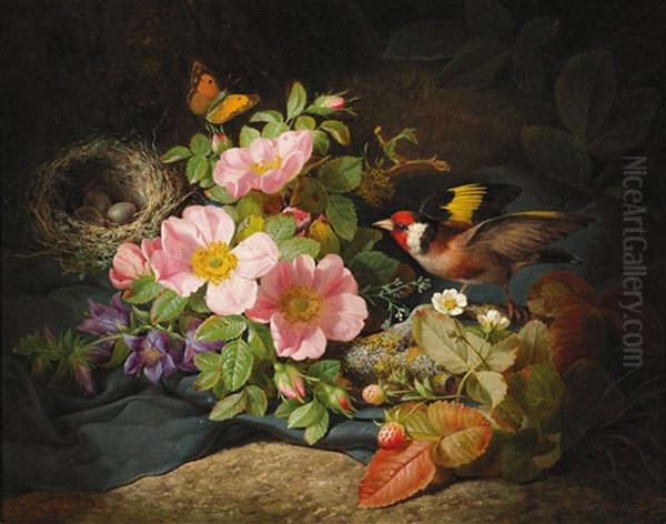 Blumenstuck Mit Stieglitz Und Vogelnest Oil Painting by Josef Lauer