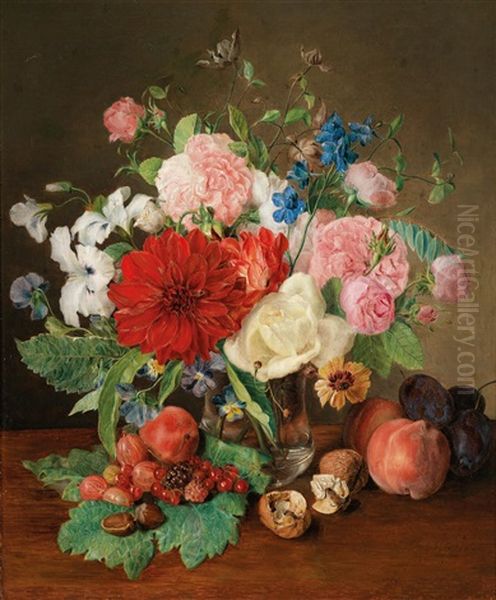 Blumenstillleben Mit Nussen, Beeren Und Zwetschken Oil Painting by Josef Lauer