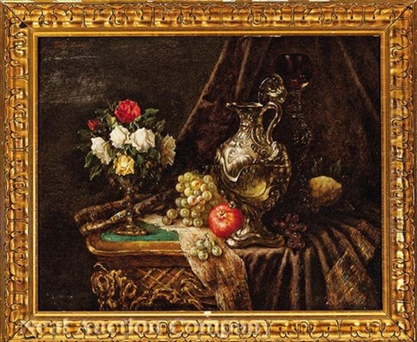 Still Life With Flowers, Fruit, Ewer And Carafe Oil Painting by Josef Lauer