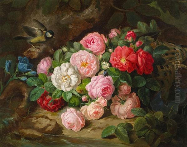 Stillleben Mit Rosen Und Kohlmeise Oil Painting by Josef Lauer