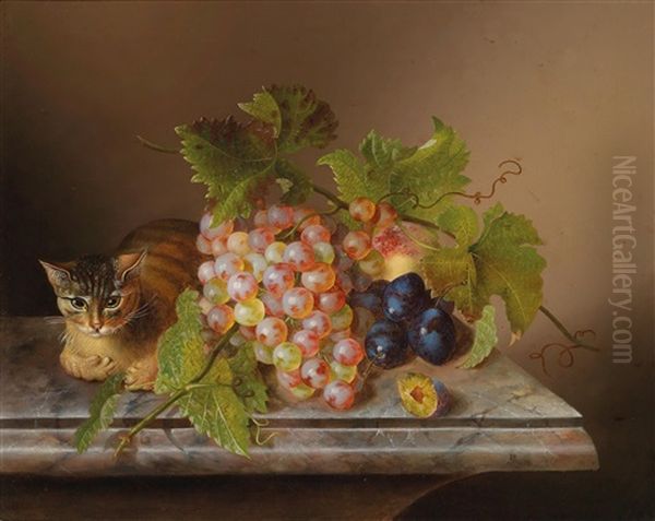 Stillleben Mit Weintrauben Und Katze Oil Painting by Josef Lauer