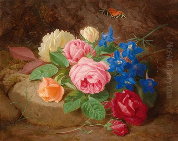 Rosen, Akeleienzweig Und Ein Schmetterling Oil Painting by Josef Lauer