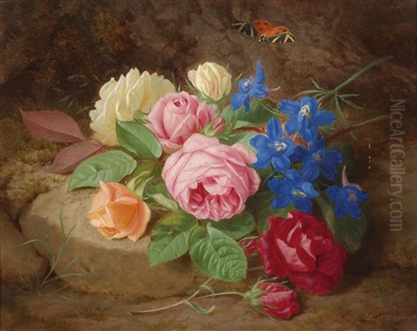 Rosen, Akeleienzweig Und Ein Schmetterling Oil Painting by Josef Lauer