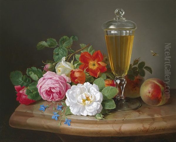 Stillleben Mit Rosen, Pfirsich Und Weinpokal by Josef Lauer