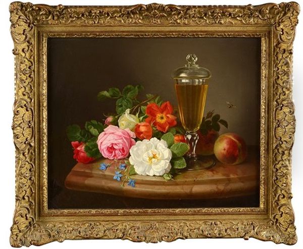 Peches, Roses Et Verre Sur Un Entablement Oil Painting by Josef Lauer