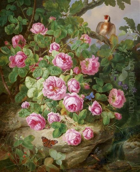 Groses Dekoratives Rosenstillleben Mit Schmetterlingen Und Vogel Oil Painting by Josef Lauer