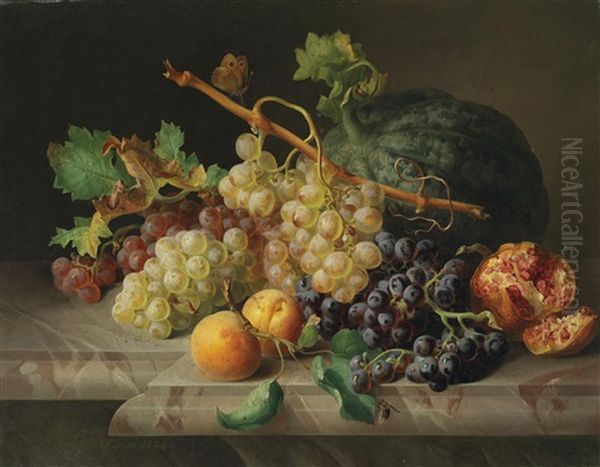 Stillleben Mit Granatapfel, Weintrauben Und Melone Oil Painting by Josef Lauer