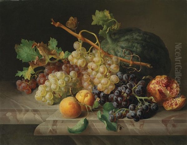 Stillleben Mit Granatapfel, Weintrauben Und Melone Oil Painting by Josef Lauer